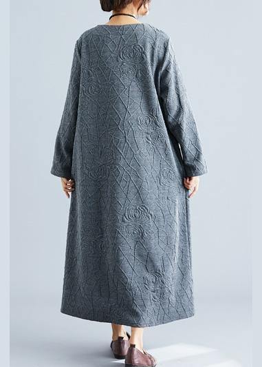 DIY o neck jacquard cotton tunic dress Catwalk gray Maxi Dress fall - SooLinen