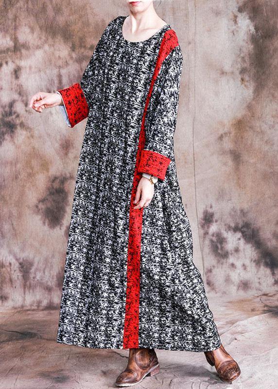 DIY o neck long sleeve quilting clothes Fabrics black print cotton robes Dresses fall - SooLinen