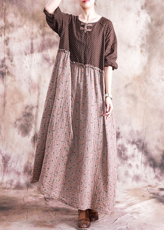 DIY o neck patchwork linen cotton clothes For Women Neckline brown print Dress fall - SooLinen