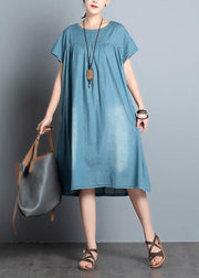 DIY o neck pockets Cotton short Sleeve denim blue Dress summer - SooLinen