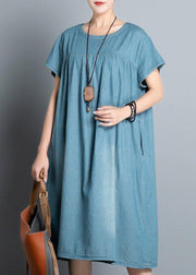 DIY o neck pockets Cotton short Sleeve denim blue Dress summer - SooLinen