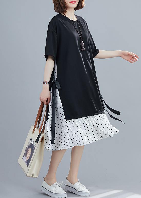 DIY o neck quilting dresses Sewing black patchwork dotted Dress - SooLinen