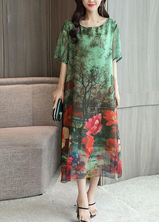 DIY o neck silk Tunics Work Outfits green print loose Dresses summer - SooLinen