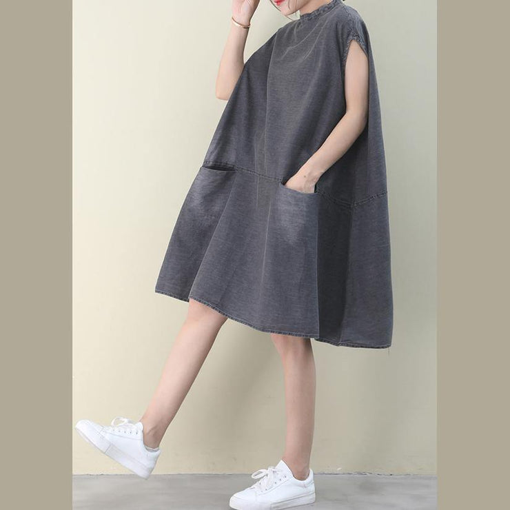 DIY o neck sleeveless Cotton outfit denim gray Dress - SooLinen