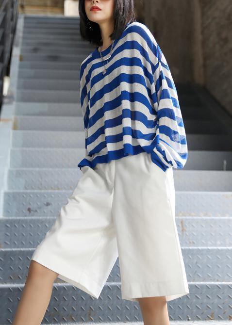 DIY o neck summer shirts Neckline blue striped top - SooLinen