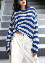 DIY o neck summer shirts Neckline blue striped top - SooLinen