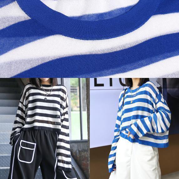 DIY o neck summer shirts Neckline blue striped top - SooLinen