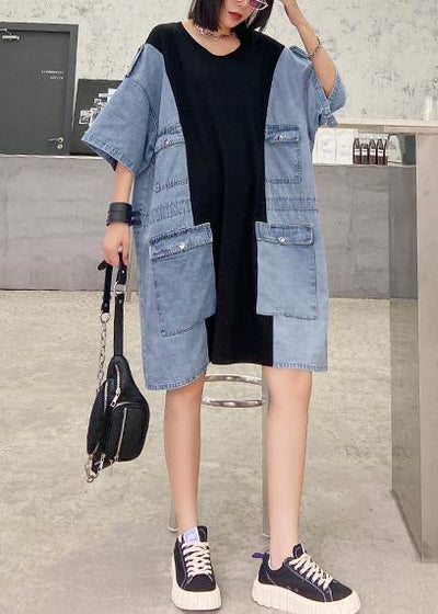 DIY o neck summer tunics for women black patchwork denim blue Dresses - SooLinen