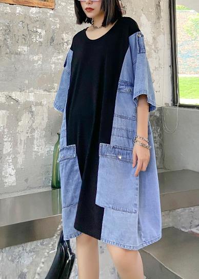 DIY o neck summer tunics for women black patchwork denim blue Dresses - SooLinen