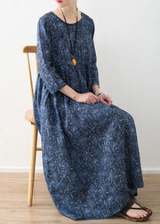 DIY o neck Cinched linen clothes For Women blue print Dress - SooLinen