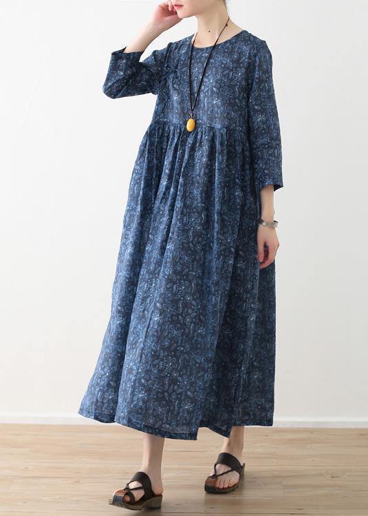 DIY o neck Cinched linen clothes For Women blue print Dress - SooLinen