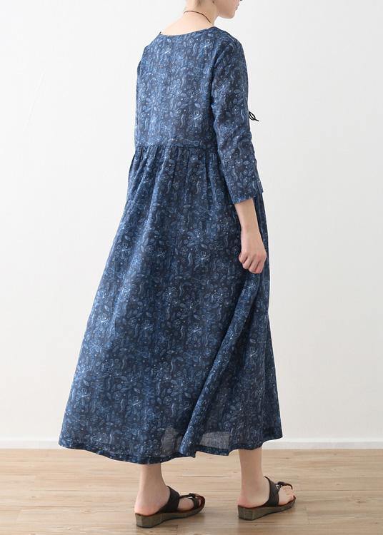 DIY o neck Cinched linen clothes For Women blue print Dress - SooLinen