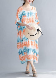 DIY orange print cotton dresses o neck Batwing Sleeve Maxi summer Dress - SooLinen