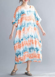 DIY orange print cotton dresses o neck Batwing Sleeve Maxi summer Dress - SooLinen