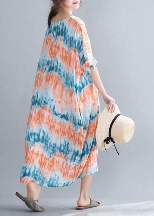 DIY orange print cotton dresses o neck Batwing Sleeve Maxi summer Dress - SooLinen