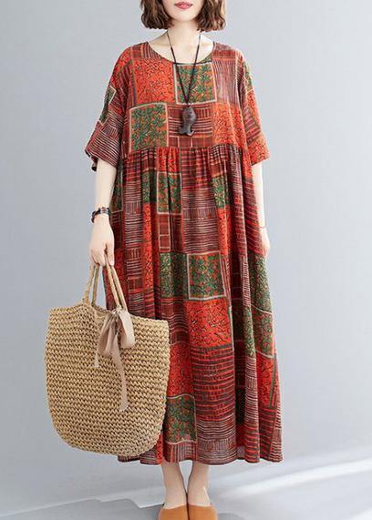 DIY orange red print cotton linen clothes o neck exra large hem cotton robes Dresses - SooLinen