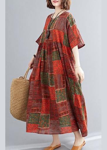 DIY orange red print cotton linen clothes o neck exra large hem cotton robes Dresses - SooLinen