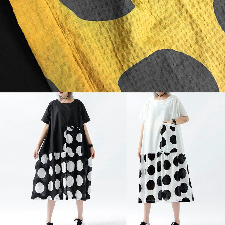 DIY patchwork pockets cotton linen clothes Women design yellow dotted Dresses summer - SooLinen