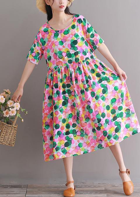 DIY pink prints Cotton clothes short sleeve tunic summer Dresses - SooLinen