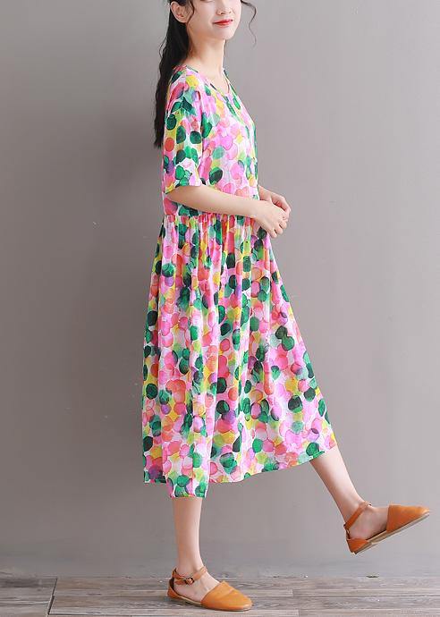 DIY pink prints Cotton clothes short sleeve tunic summer Dresses - SooLinen