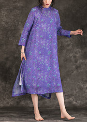 DIY purple print linen Long Shirts Fashion Neckline stand collar side open loose Summer Dresses