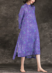 DIY purple print linen Long Shirts Fashion Neckline stand collar side open loose Summer Dresses