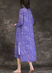 DIY purple print linen Long Shirts Fashion Neckline stand collar side open loose Summer Dresses