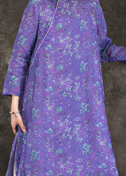 DIY purple print linen Long Shirts Fashion Neckline stand collar side open loose Summer Dresses