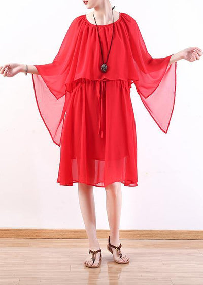 DIY red chiffon Wardrobes plus size Work o neck Batwing Sleeve Summer Dresses - SooLinen