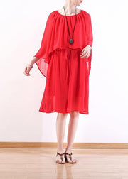 DIY red chiffon Wardrobes plus size Work o neck Batwing Sleeve Summer Dresses - SooLinen