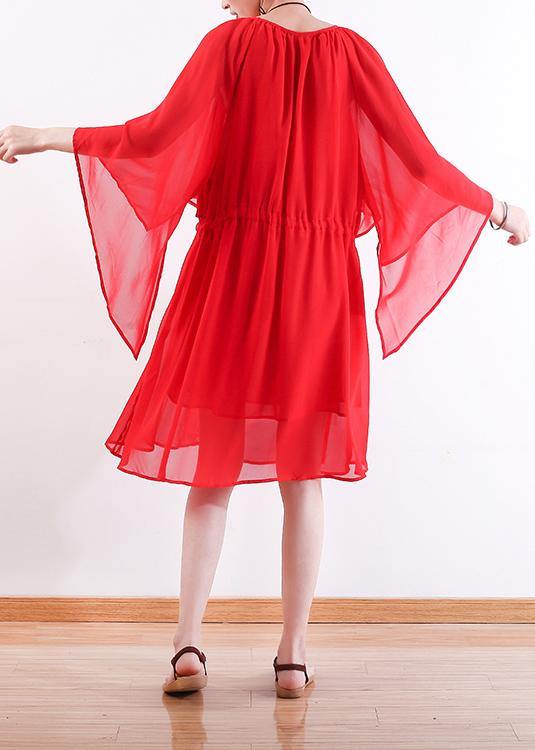 DIY red chiffon Wardrobes plus size Work o neck Batwing Sleeve Summer Dresses - SooLinen