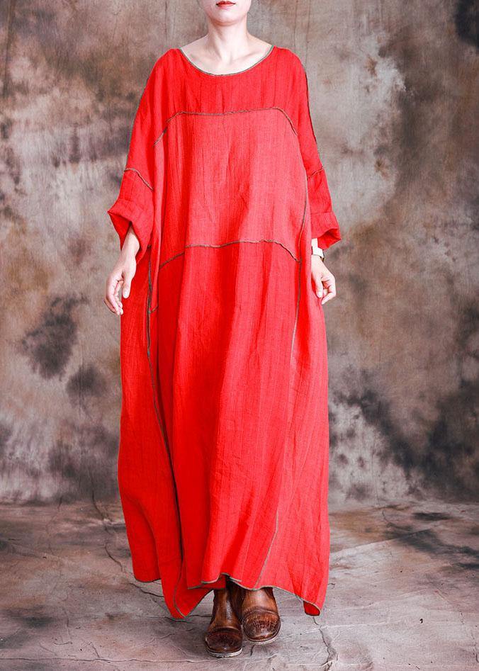 DIY red linen dresses patchwork loose fall Dresses - SooLinen