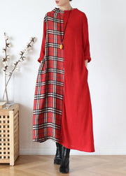 DIY red plaid clothes For Women high neck patchwork long fall Dresses - SooLinen