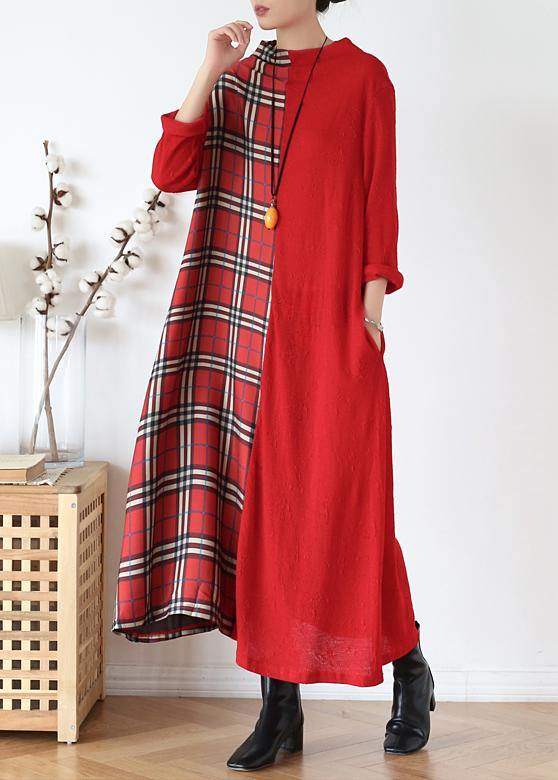 DIY red plaid clothes For Women high neck patchwork long fall Dresses - SooLinen