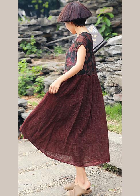 DIY red print cotton Robes patchwork Traveling summer Dresses - SooLinen