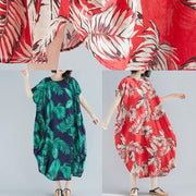 DIY red print linen cotton Soft Surroundings o neck pockets loose summer Dresses - SooLinen