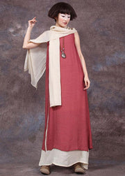 DIY red sleeveless linen clothes For Women false two pieces Maxi summer Dresses - SooLinen