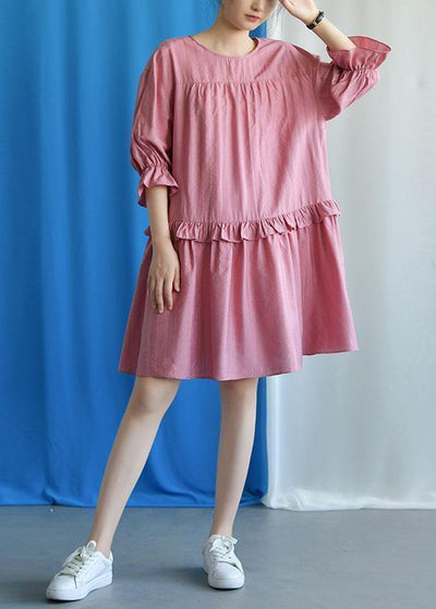 DIY ruffles collar cotton clothes Outfits pink Dresses fall - SooLinen