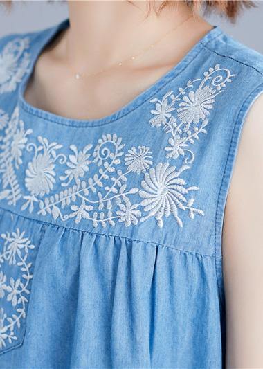 DIY sleeveless embroidery Cotton clothes Women Work denim blue Dresses summer - SooLinen