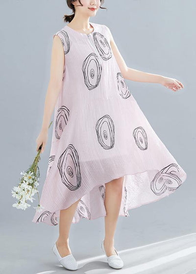 DIY sleeveless low high design linen Tunics Work Outfits pink print Dresses summer - SooLinen