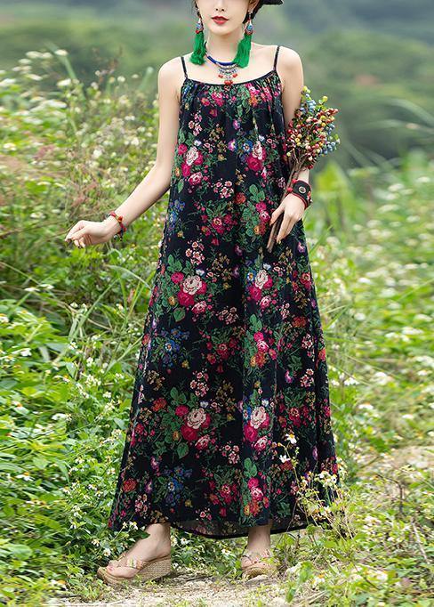 DIY sleeveless tie waist cotton clothes Photography black print A Line Dresses summer - SooLinen