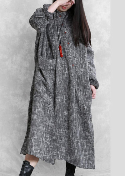 DIY stand collar asymmetric linen dresses pattern gray Plaid Dress - SooLinen