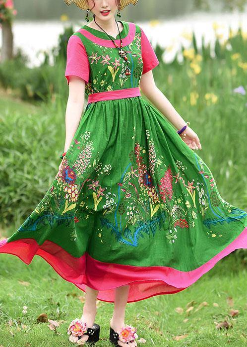 DIY tie waist patchwork cotton quilting dresses Runway green print Kaftan Dress summer - SooLinen