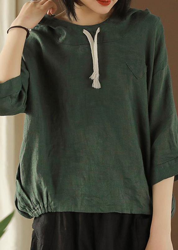 DIY tunic top Plus Size Linen Summer Literary army green Hooded Three Quarter Sleeve T-shirt - SooLinen