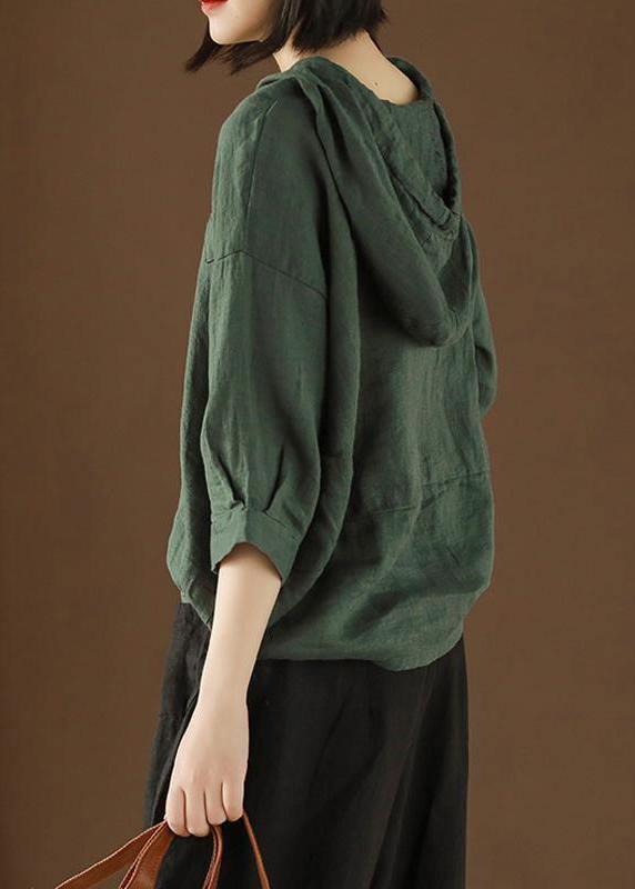 DIY tunic top Plus Size Linen Summer Literary army green Hooded Three Quarter Sleeve T-shirt - SooLinen