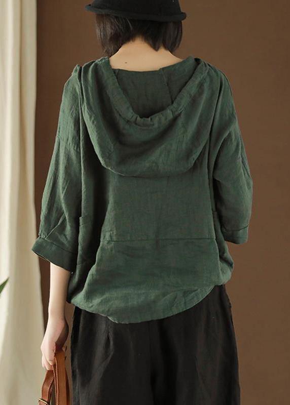 DIY tunic top Plus Size Linen Summer Literary army green Hooded Three Quarter Sleeve T-shirt - SooLinen