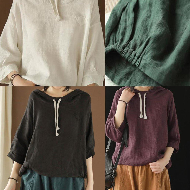 DIY tunic top Plus Size Linen Summer Literary army green Hooded Three Quarter Sleeve T-shirt - SooLinen