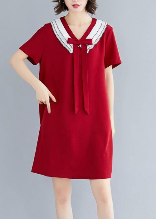 DIY v neck Cotton summer Fashion Ideas red Dress - SooLinen