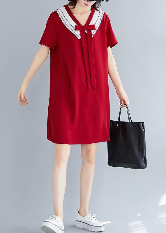 DIY v neck Cotton summer Fashion Ideas red Dress - SooLinen