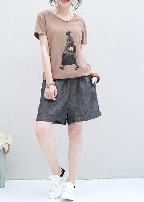 DIY v neck cotton clothes For Women Fashion Ideas khaki prints blouse summer - SooLinen